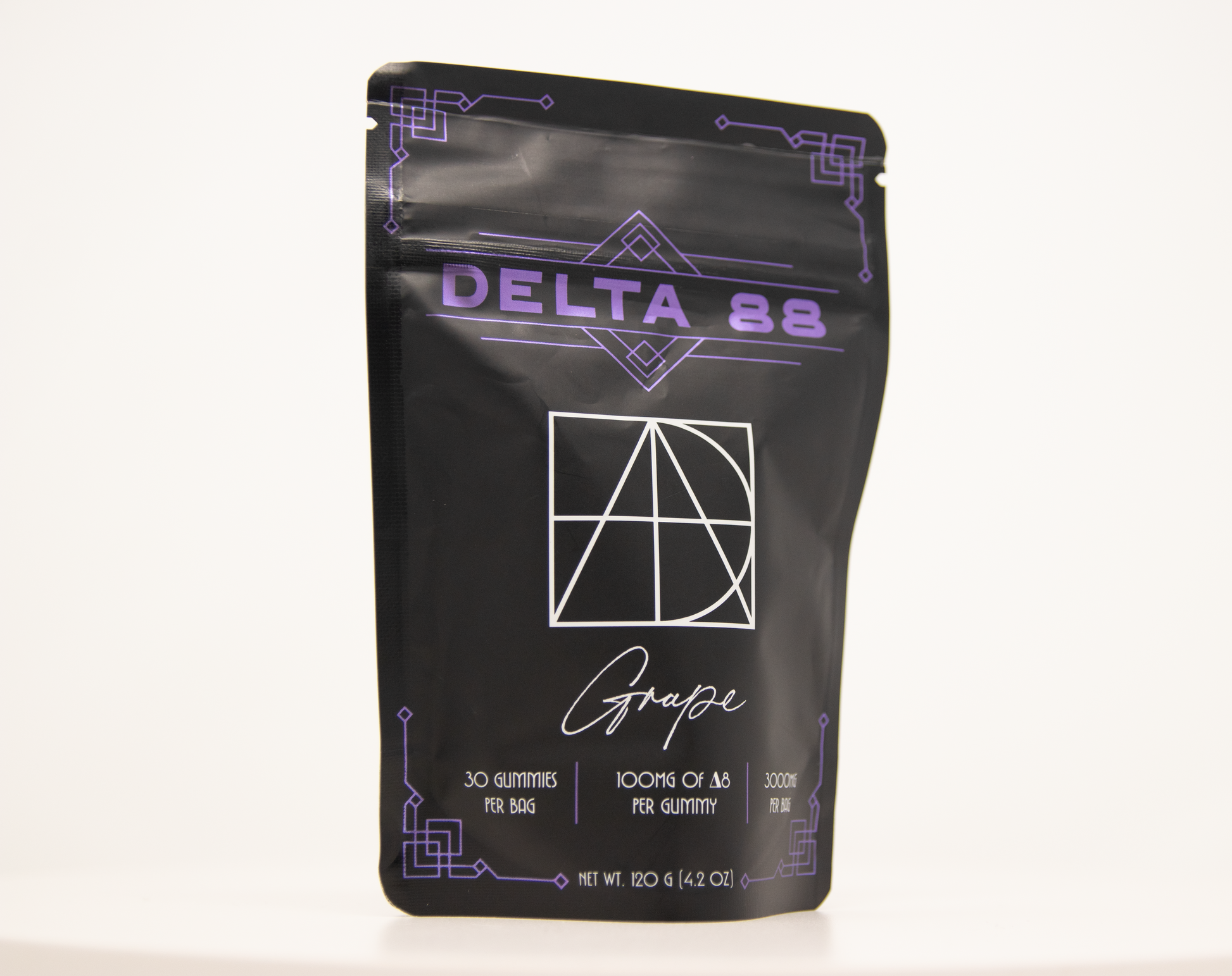 Delta 88 Grape flavored gummies that are 100mg per gummy with 30 count per bag.