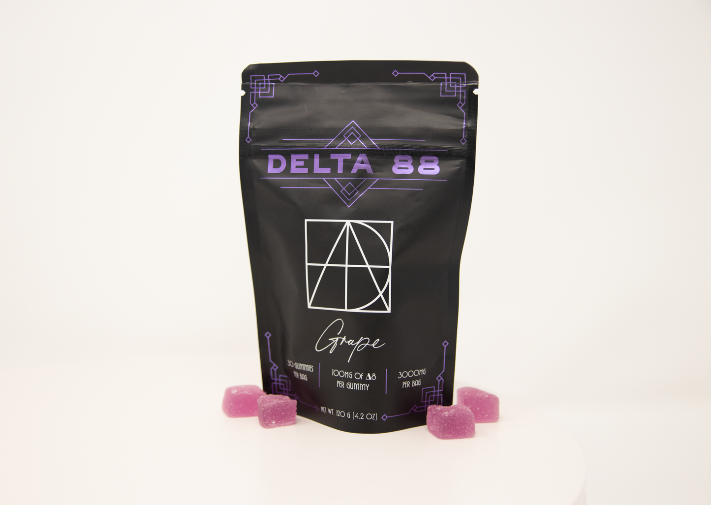 Delta 88 Grape flavored gummies that are 100mg per gummy with 30 count per bag. This picture shows the bag and what the gummies look like.